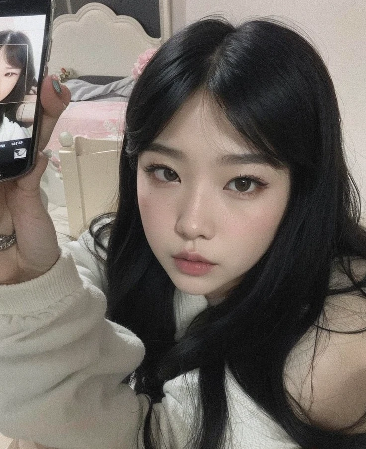 there is a woman taking a selfie with her cell phone, Ulzzang, Jinyoung Canela, Ela tem cabelo preto com franja, Fotografia selfie 8k, Jaeyeon Nam, menina coreana, cruel korean goth girl, Heonhwa Choe, Kim Doyoung, wan adorable korean face, Shikami, 19-year-old girl, Sakimichan
