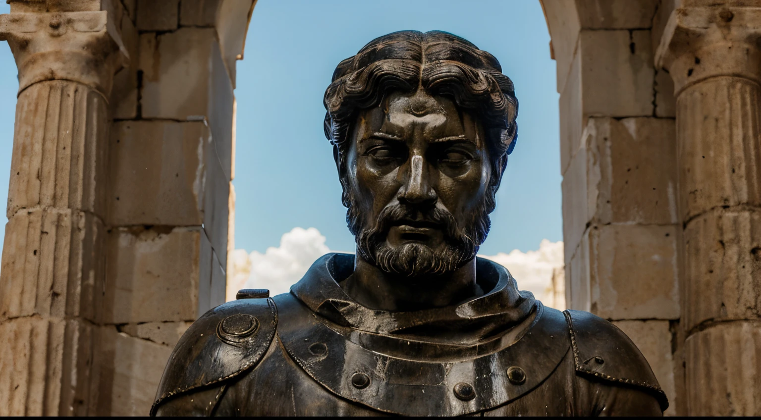 Ancient Stoic Statue With Very Angry Expression, tem barba, muitos detalhes em ambos os olhos, Outside, fundo atenas grego, open sky, com rosto extremamente detalhado full body view, Colors with low saturation with dark tone, Filmado em Sony A7S III com Sony FE 35mm f/1.8, 12.1 MP, --AR 3:2 --estilo cru