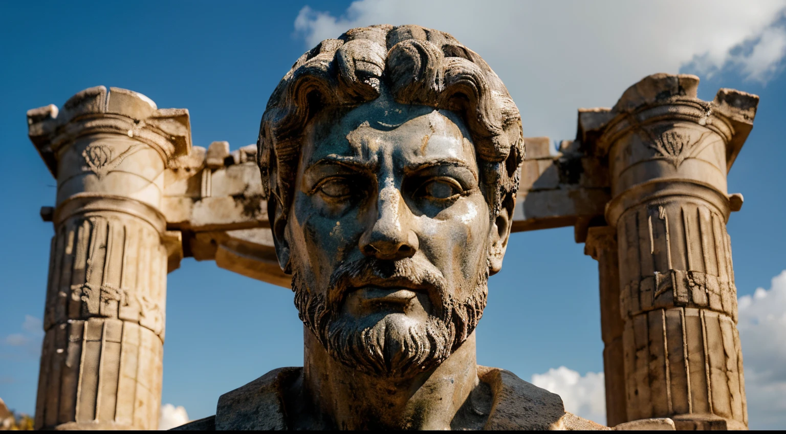 Ancient Stoic Statue With Very Angry Expression, tem barba, muitos detalhes em ambos os olhos, Outside, fundo atenas grego, open sky, com rosto extremamente detalhado full body view, Colors with low saturation with dark tone, Filmado em Sony A7S III com Sony FE 35mm f/1.8, 12.1 MP, --AR 3:2 --estilo cru