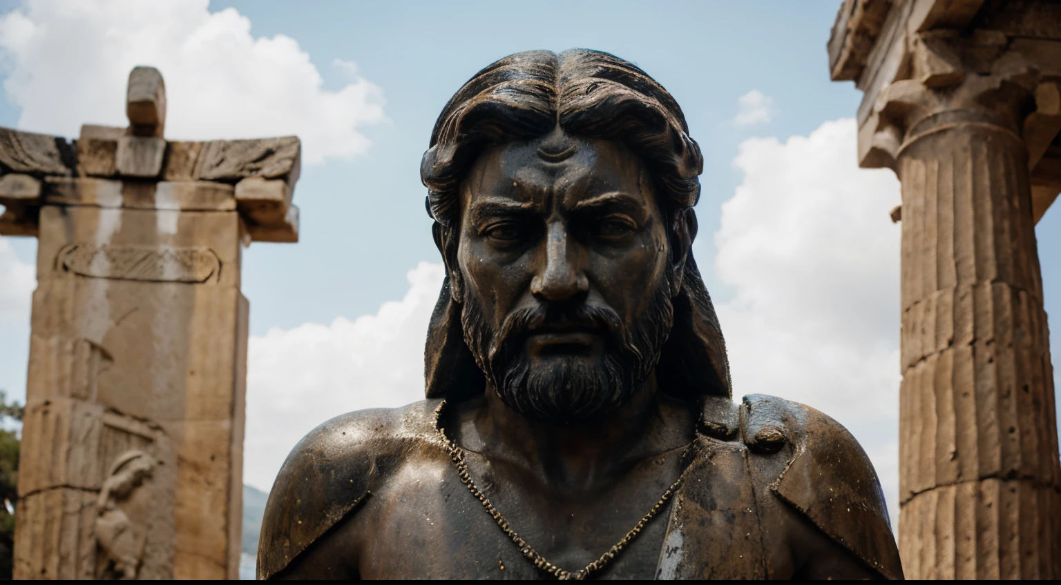 Ancient Stoic Statue With Very Angry Expression, tem barba, muitos detalhes em ambos os olhos, Outside, fundo atenas grego, open sky, com rosto extremamente detalhado full body view, Colors with low saturation with dark tone, Filmado em Sony A7S III com Sony FE 35mm f/1.8, 12.1 MP, --AR 3:2 --estilo cru