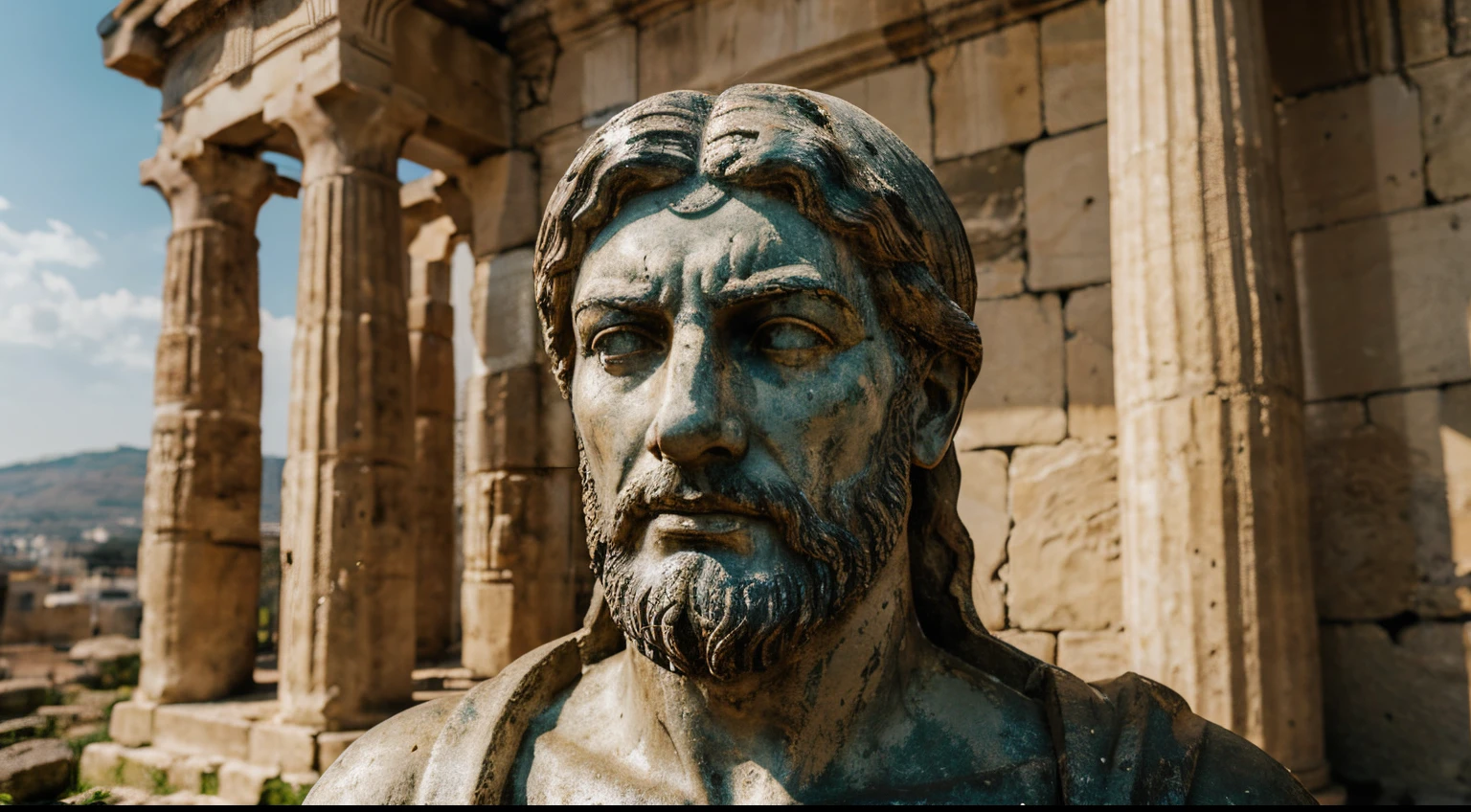 Ancient Stoic Statue With Very Angry Expression, tem barba, muitos detalhes em ambos os olhos, Outside, fundo atenas grego, open sky, com rosto extremamente detalhado full body view, Colors with low saturation with dark tone, Filmado em Sony A7S III com Sony FE 35mm f/1.8, 12.1 MP, --AR 3:2 --estilo cru