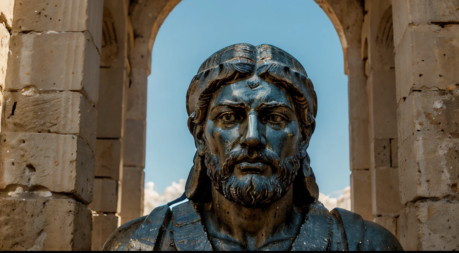 Ancient Stoic Statue With Very Angry Expression, tem barba, muitos detalhes em ambos os olhos, Outside, fundo atenas grego, open sky, com rosto extremamente detalhado full body view, Colors with low saturation with dark tone, Filmado em Sony A7S III com Sony FE 35mm f/1.8, 12.1 MP, --AR 3:2 --estilo cru