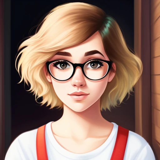 Pixar animated movie, college student, 20 year old woman, slightly overgrown pixie cut, dyed blond hair brown overgrown roots, freckles, black glasses, hazel eyes