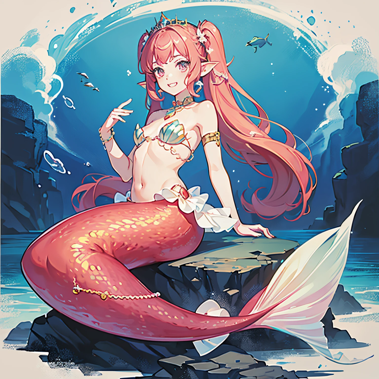 Pretty 15 years old princess magically transformed into a beautiful mermaid, race swap, none human, fish like, long mermaid tail below waistline, pointy ears, red fish scales on skin, drawn in anime style, very long pigtails red hair, sharp teeth, is smiling, pink eyes, small breast, long pelvic and dorsal fins, pair of fish gills on the torso, seashells bra, starfish hair clips, pearl earrings and bracelets, pearl necklace, hair ribbons, gold tiara, ocean depths, swimming underwater, Highly detailed, 4K.