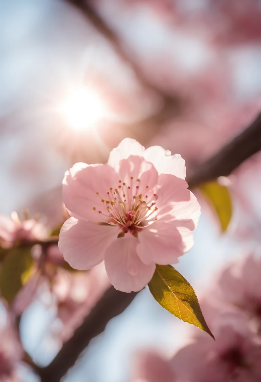 An enchanting close-up shot of a delicate pink cherry blossom in full bloom, with the sunlight streaming through the petals,original,sasquatch