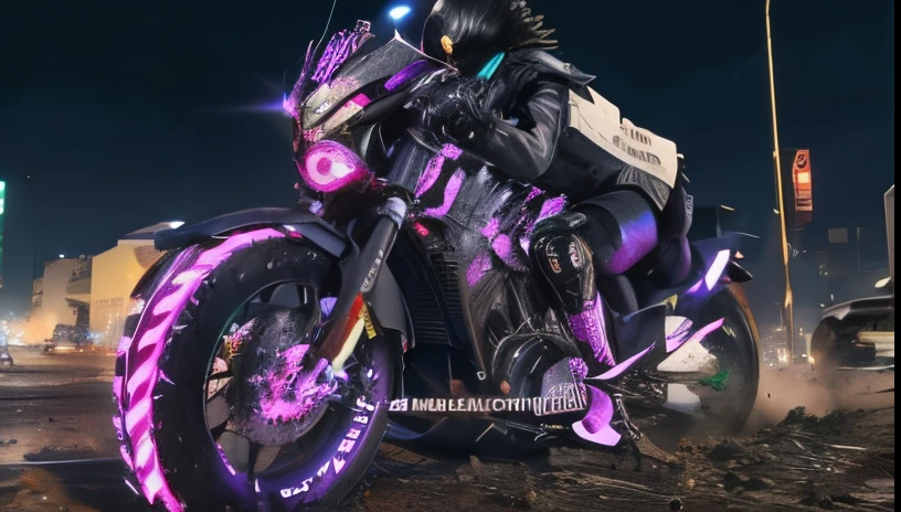 um close de uma motocicleta com luzes roxas, chaos nightmare ❄️ amour venom, hot maw detalhado, sentado em moto cyberpunk, cyborg satan, Grande corruptor, black demon blue purple, 8 k altamente detalhado ❤🔥 🔥 💀 🤖 🚀, maw detalhado, Infundido com Zerg Hydralisk, chaos nightmare ❄️ amour, selvagem, montando um raptor ciborgue