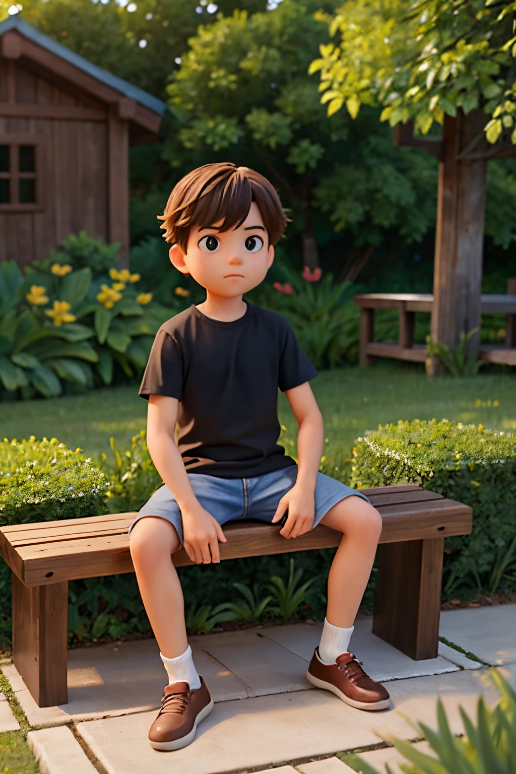 The image features a young boy sitting on a wooden bench, which is located near a fence. The boy is wearing a black shirt and appears to be looking at the camera. The bench is positioned in the middle of the scene, with the fence extending to the left and right sides of the image. The boy's posture and the presence of the bench suggest that this could be a park or a similar outdoor setting.Gere essa imagem no estilo de anima