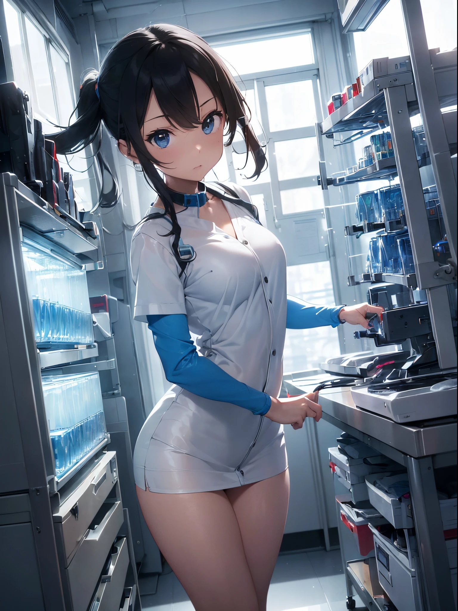 (Beautuful Women, labo, biotechnology research, genome sequencing, advanced technique:1.1), (Futuristic, scientific fiction:1.2), (computer generated, Digital Rendering), (Bright, sterile environment), (container containing liquid, High-tech equipment), (microscope, DNA base decoding device), (Intense laboratory lighting), (Scientific precision), (Complex genetic structure), (Vibrant, Futuristic colors), (detailed facial features), (modern laboratory equipment), (laboratory assistant), (State-of-the-art research facility), (Advanced genetic engineering technology), (Cutting-edge technology), (hight resolution, 3D Visuals), (Life Sciences Innovation), (Attention to detail), (Subtle scientific symbolism), (Dynamic perspective), (sleek, Modern architecture), (Breakthroughs in bioengineering), (Pioneering scientific discoveries), (Genetic manipulation), (funny science experiments), (Accuracy in every movement), (Biosafety Protocols), (biomedical innovation), (Scientific Collaboration), (Unraveling the mysteries of DNA), (revolutionary advances in genetics), (The intersection of beauty and science), (Convergence of art and technology),angry looking face