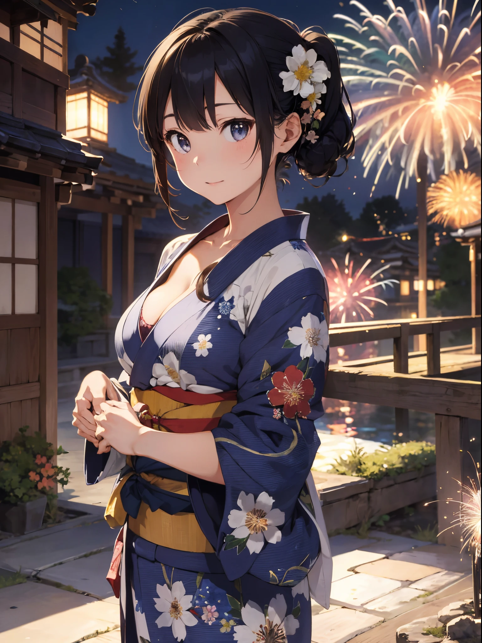 ((masterpiece, highest quality, super definition, high definition)), solo, beautiful girl, shining eyes, perfect eyes, beautiful sister of Japan, fluffy breasts, cleavage, holding a yukata with a floral pattern, prickly, background fireworks,