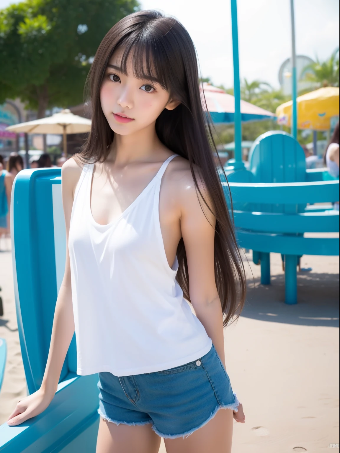 8k, masterpiece, RAW Photos, highest quality, Realistic, Highly detailed CG Unity 8k wallpaper, Written boundary depth, Cinematic Light, Lens flare, Ray Tracing, (Very beautiful face, Beautiful Lips, Beautiful Eyes), (dense beautiful skin) , One Girl, Very cute 12 year old Japanese girl, 1 girl, Always wears glasses, (Very slim figure:1.3), Young body, Young face, Small breasts, Small breasts, とてもSmall breasts, Extremely flat chest, Very small 55cmAAA cup breasts, Small Ass, Beautiful black long hair,Traditional Japanese navy blue school swimsuit, Shooting from the back at the best angle, The background is a beach in Miyakojima during the day