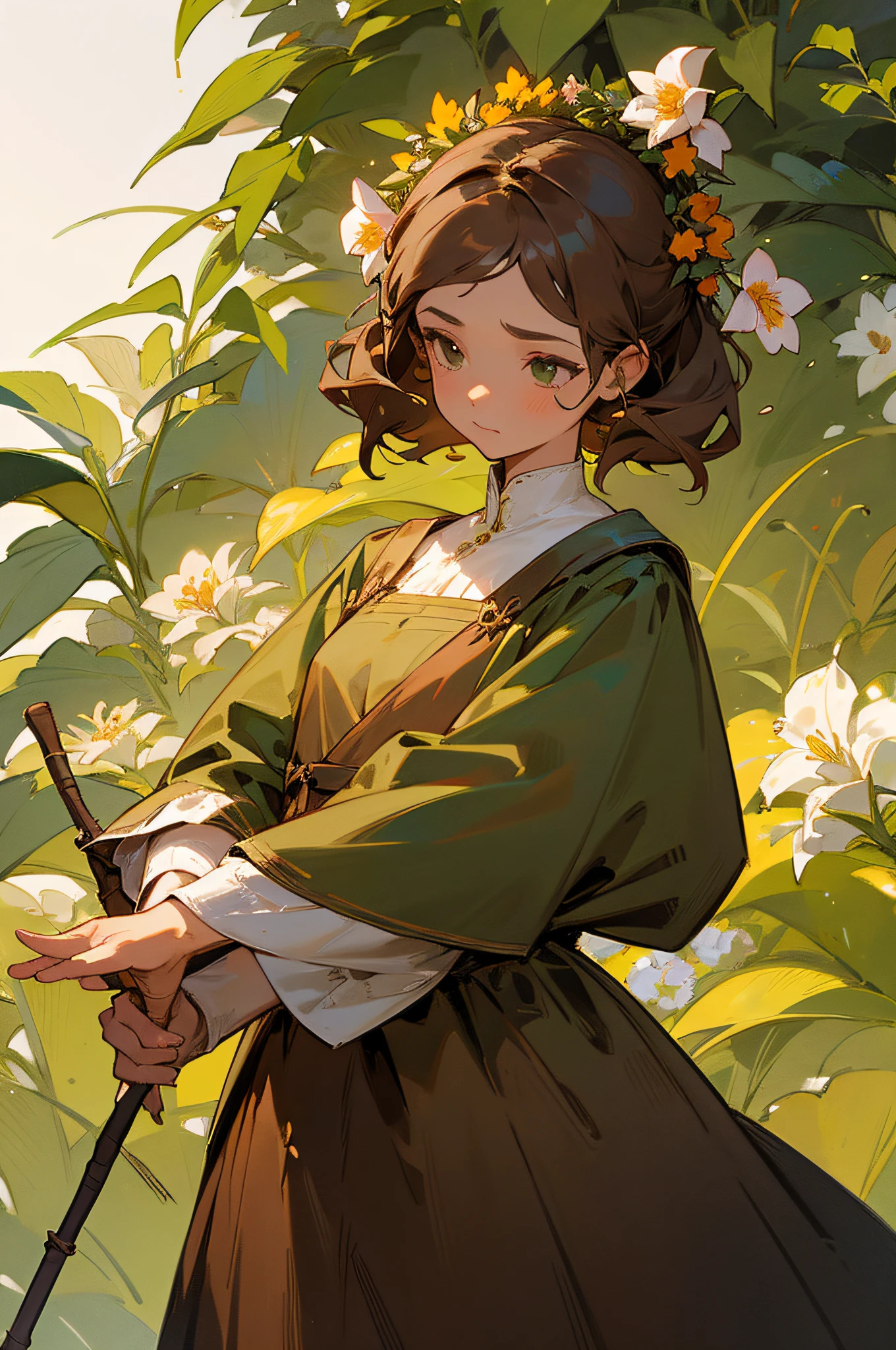 Girl, hair brown, with green in the color of the ends of her hair, wearing a brown dress, well adorned with flowers, holding a brown flowering staff, with scented candles in the background and lots of plants, with a garden in the background.