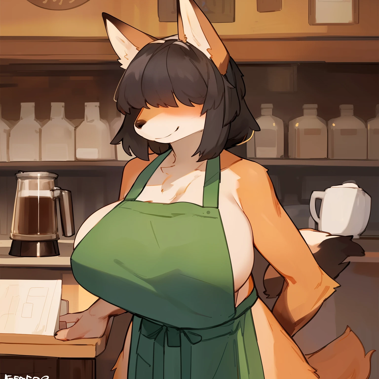 Solo, female, canine, ((hair covering eyes, black hair)), fox, orange fur, only wearing on apron, apron only, smiling, standing, big breasts, coffee shop, coffee shop, (((by bebebebebe))), golden hour