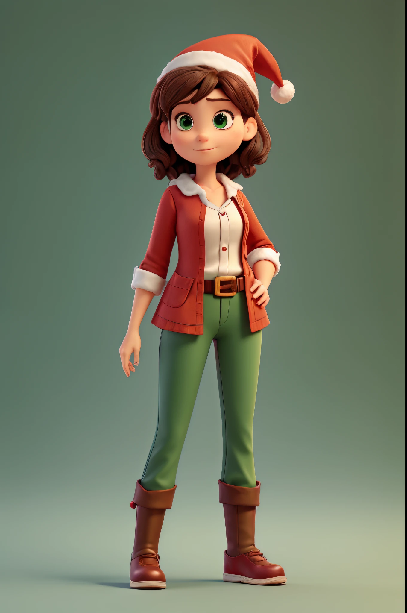 Create a 30 year old woman, short dark hair, green eyes, disney pixar style, she is pointing her finger to the left side, alert, surprised, excited, full body, red blouse, red pants, black shoes, dressed Santa Claus, with paper Christmas tree.