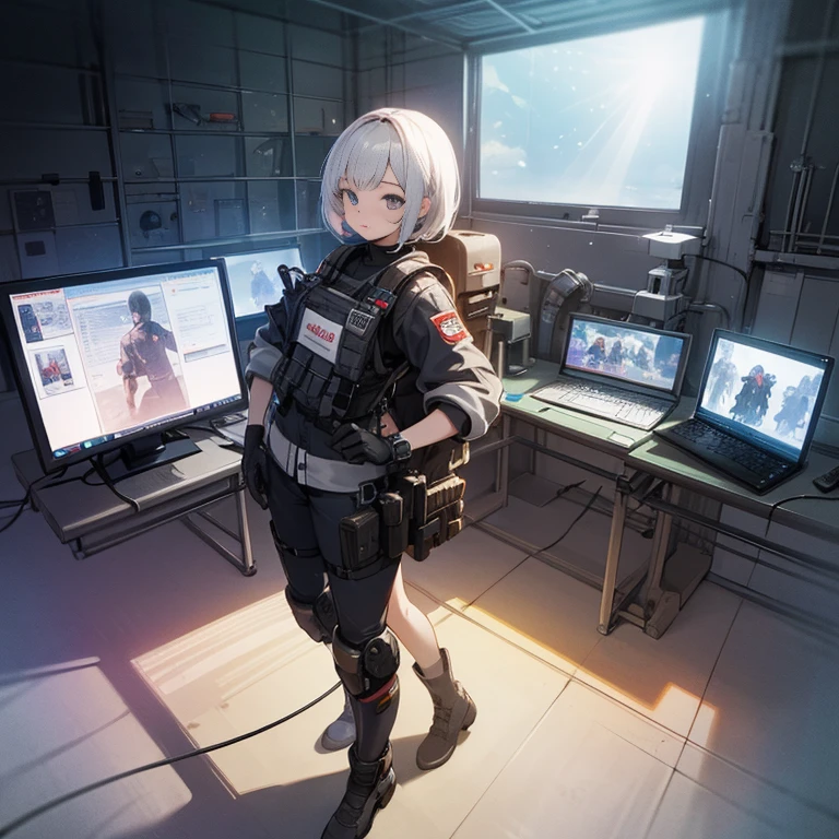 ((high quality)), ((masterpiece)), 8k, 2girls, bulletproof vest, light rays, extremely detailed CG unity 8k wallpaper, game cg, looking at viewer, gloves, boots, full body, watch, computer, mask, drone, mechanical arms,