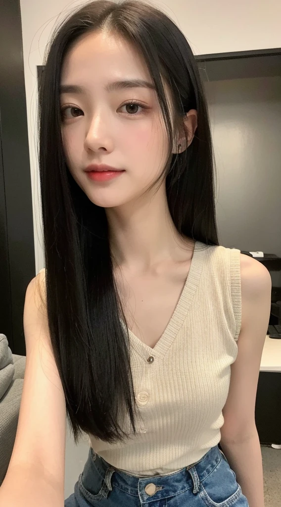 ((Best Quality, 8K, masutepiece: 1.3)), 1girl in, Waist-length straight black hair、Slim Beauty: 1.3, (Hairstyle Casual, :1.2)、teats、 Super fine face, Delicate eyes, Double eyelids, Smile. Take pictures in cute poses, very low figure、frontage、is standing、NSFW:1.5、fullnude、pubick hair、