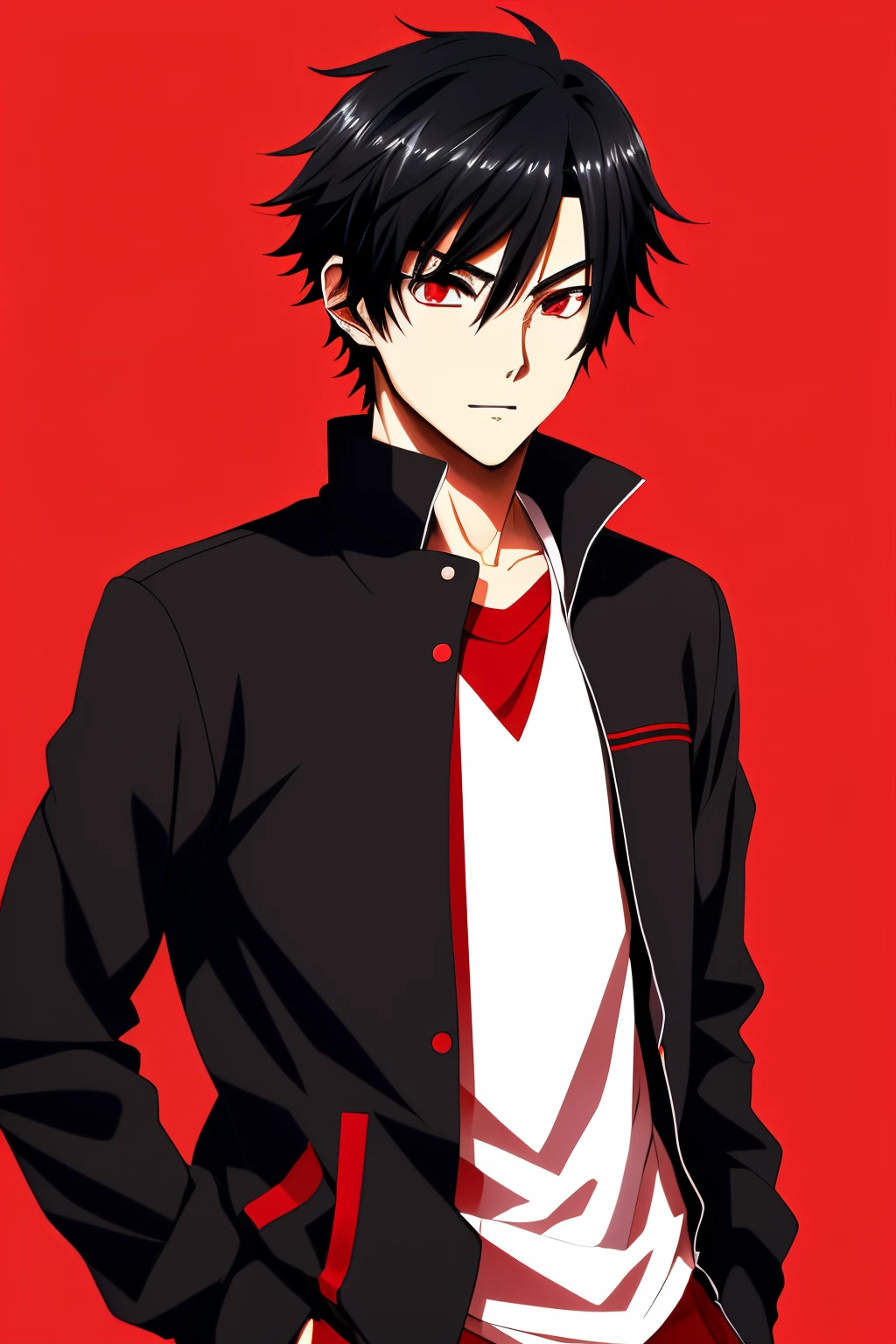 Anime style high school boy with black hair and red eyes who wears red and black clothes