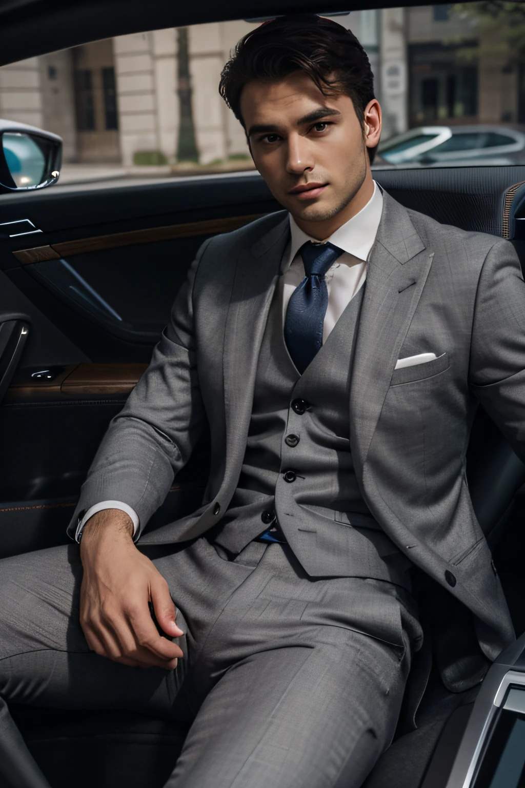 An elegant man sitting in the seat of a super car, young man, wearing suit, photo realistic, dark hair no beard