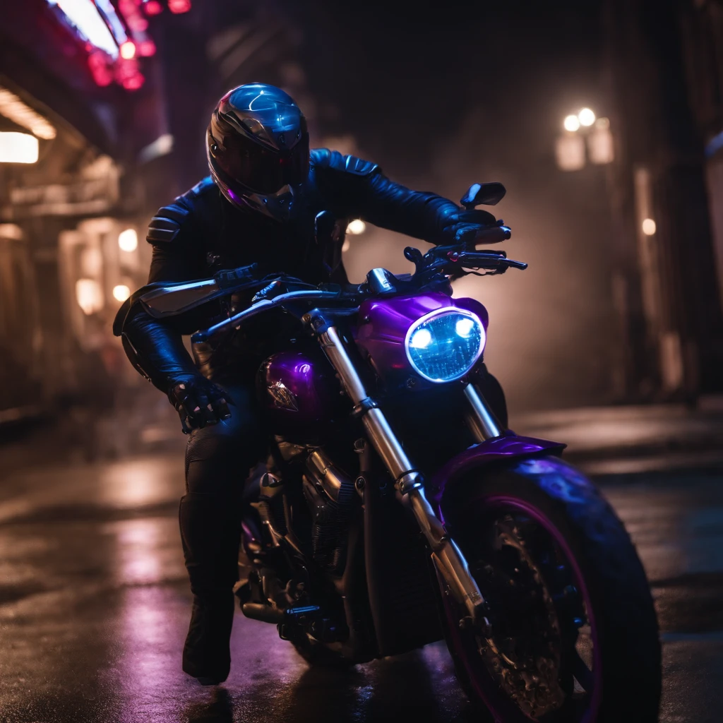 Um close-up impactante de uma motocicleta envolta em luzes roxas, a chaotic nightmare vision. The machine exudes an aura of corrupted love, detalhes impressionantes ressaltam o calor infernal. Sobre a moto ciberpunk, a sadistic cyborg, o Grande Corruptor, a purple-blue black demon. 8K precision reveals every detail, especially the infusion with the Zerg Hydralisk, um caos de pesadelo, amor selvagem. Dominando tudo, montando um velociraptor ciborgue."