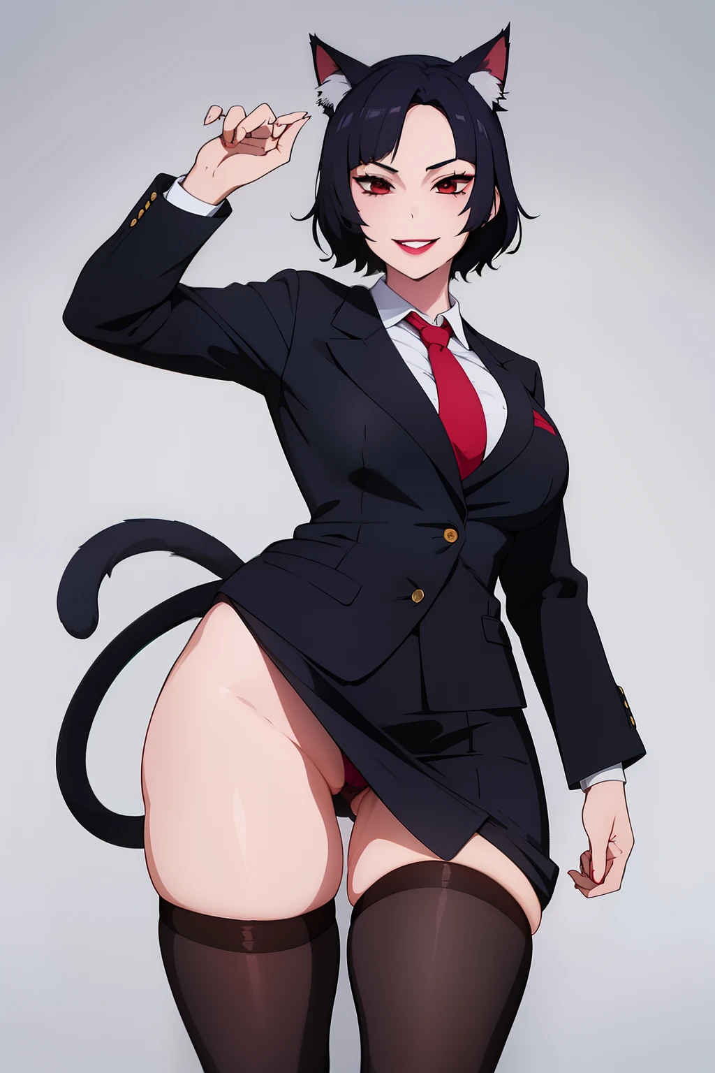 Cute girl, short hair, wearing a formal suit, Tie, big chest, sexy, lipstick, Smiling face, beautiful eyes, black hair, Hair neat and combed, red (X) behind she, Combat stance,X, Cat ears, cat collar, cat tail, cat,meow, full body, Tail from the backside, Tail from the ass