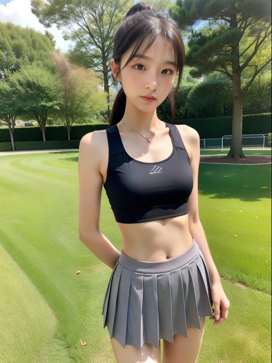 Black pleated miniskirt,A Gray Sports Bra,9year old girl,petite and delicate body,being thin,a park,A dark-haired,poneyTail,blush