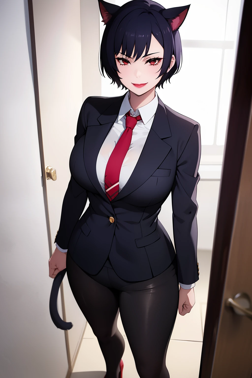 Cute girl, short hair, wearing a formal suit, Tie, big chest, sexy, lipstick, Smiling face, beautiful eyes, black hair, Hair neat and combed, red (X) behind she, Combat stance,X, Cat ears, cat collar, cat tail, cat,meow, full body, Tail from the backside, Tail from the ass