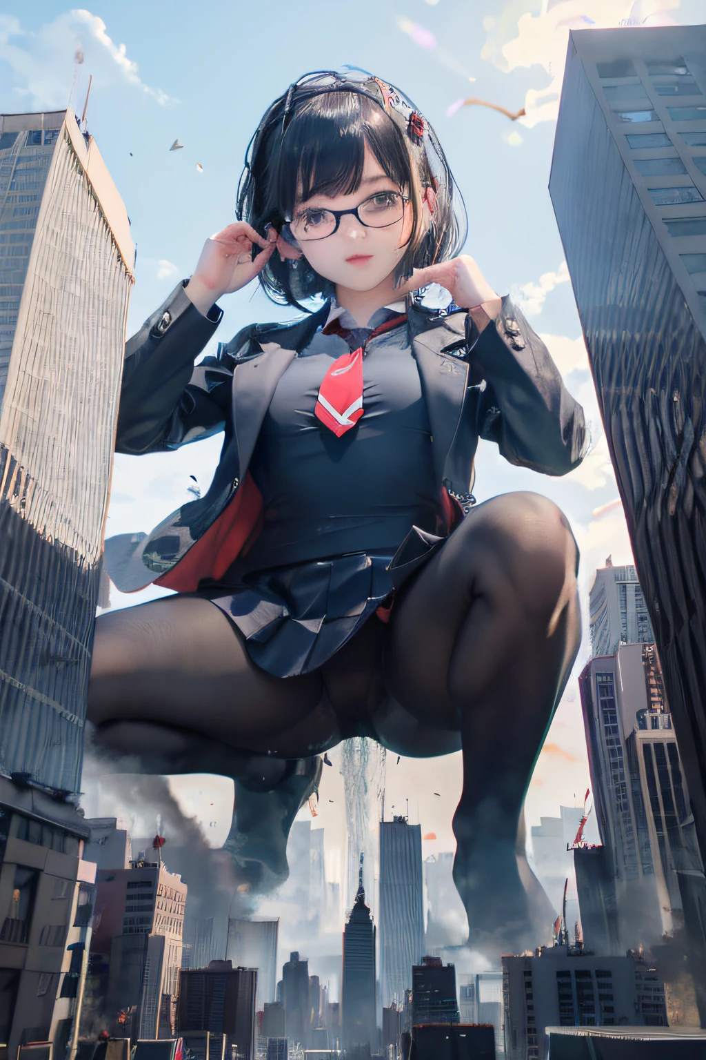 giantess art, a hyperrealistic schoolgirl, , highly detailed giantess shot, der riese, Shorthair, Black pantyhose, Giant high school girl much bigger than a skyscraper。Wearing rimless glasses。Colossal tits。Navy blue blazer、Red tie、Mini Length Skirt、Black pantyhose、I'm not wearing shoes.。very small metropolis。miniature metropolis。In a miniature metropolis just a few feet tall.、squatting and urinating。The city sinks into a sea of urine。Full body depiction。gigagts, der riese, Black pantyhose, Pantyhose legs, Pantyhose feet, ,crash city,Small town,micro city, Peeing, pee,