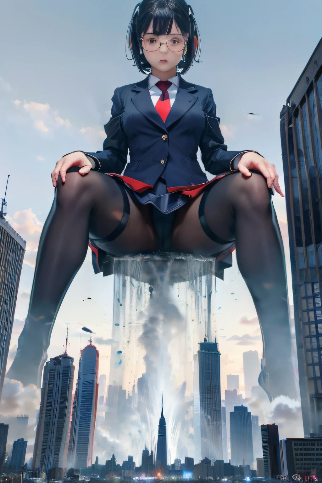 giantess art, a hyperrealistic schoolgirl, , highly detailed giantess shot, der riese, Shorthair, Black pantyhose, Giant high school girl much bigger than a skyscraper。Wearing rimless glasses。Colossal tits。Navy blue blazer、Red tie、Mini Length Skirt、Black pantyhose、I'm not wearing shoes.。very small metropolis。miniature metropolis。In a miniature metropolis just a few feet tall.、squatting and urinating。The city sinks into a sea of urine。Full body depiction。gigagts, der riese, Black pantyhose, Pantyhose legs, Pantyhose feet, ,crash city,Small town,micro city, Peeing, pee,