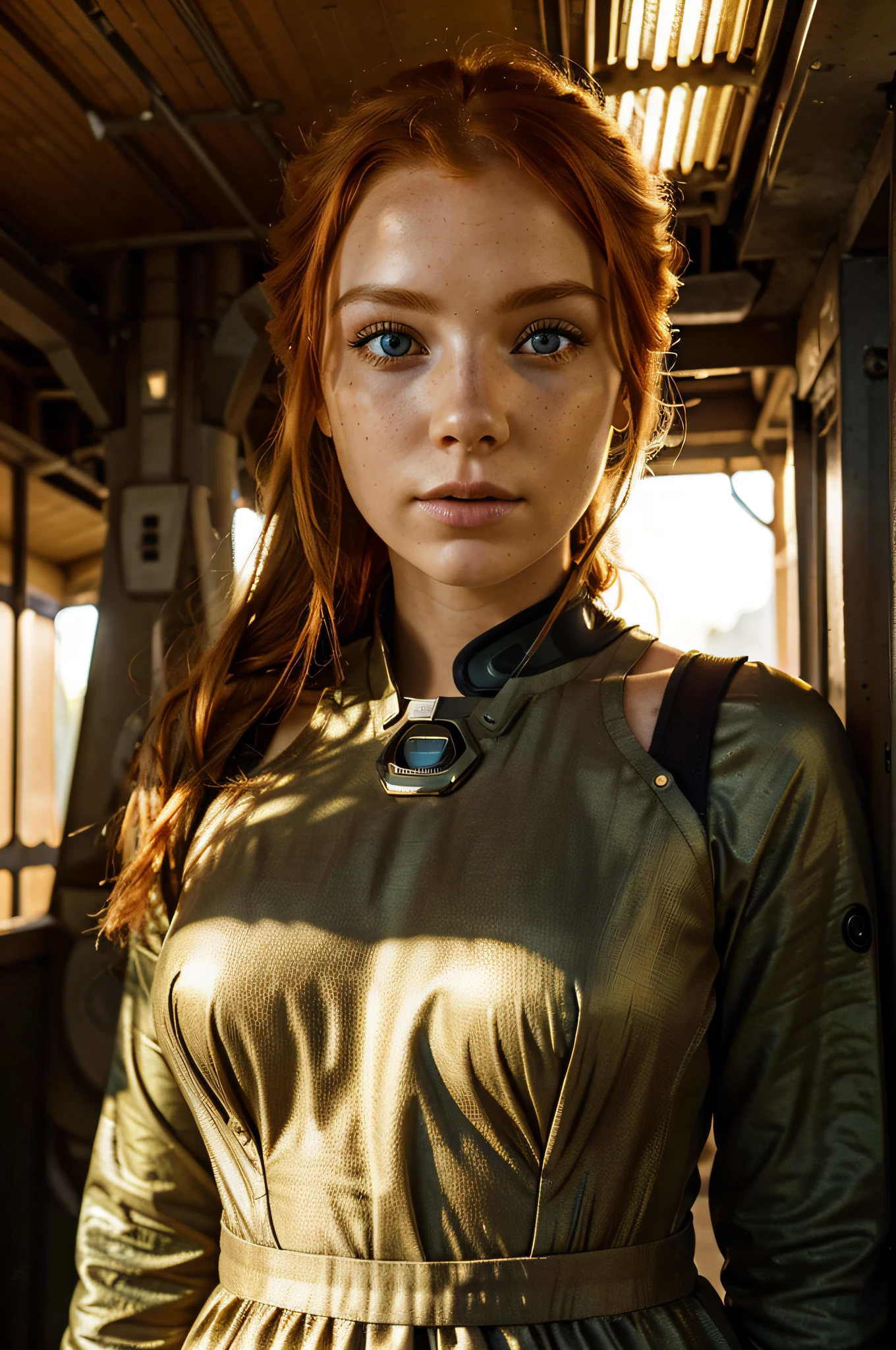 a red-haired girl with fair skin and freckles, long curly light orange hair, emerald green eyes with a sarcastic expression, muscular body wearing modern Brazilian military combat attire, highly detailed and expressive face, (best qualityer,4K,8k,high resolution,work of art:1.2),ultra detali,(realisitic,photorealisitic,photo-realisitic:1.37),portraite,conceptual artwork,dramatic lighting,bright coloured,details Intricate, (Avoid deformed and poorly designed eyes)
