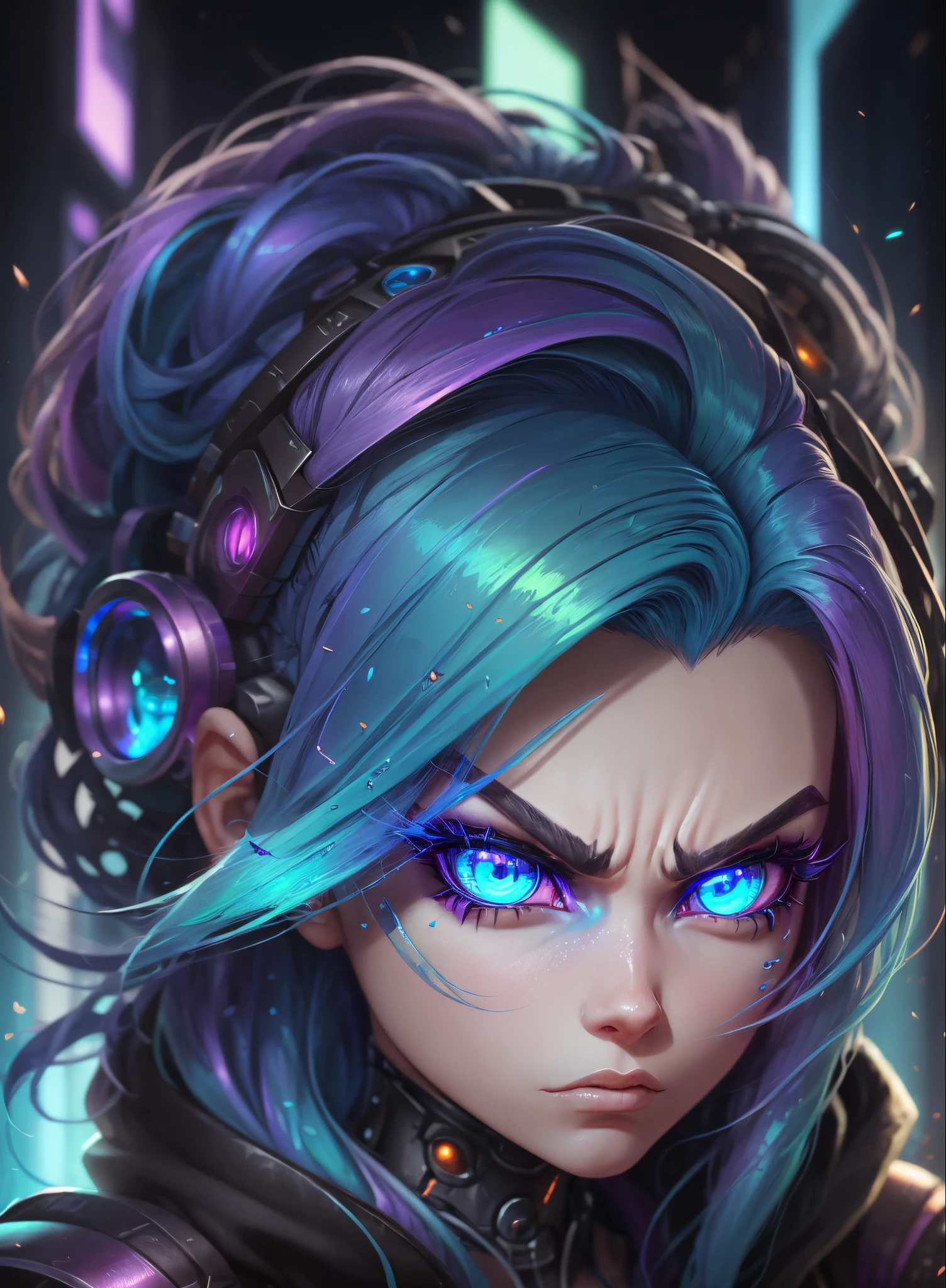 a woman with colorful hair and blue eyes, epic wallpaper, pixar style, jinx face, android eyes, discord profile picture, peacock colors, netflix animation, real human eyes, epic 3 d omolu, angry female cyborg, iridescent hair, vanellope von schweetz, riot game, fierce eyes, iridescent color --auto --s2