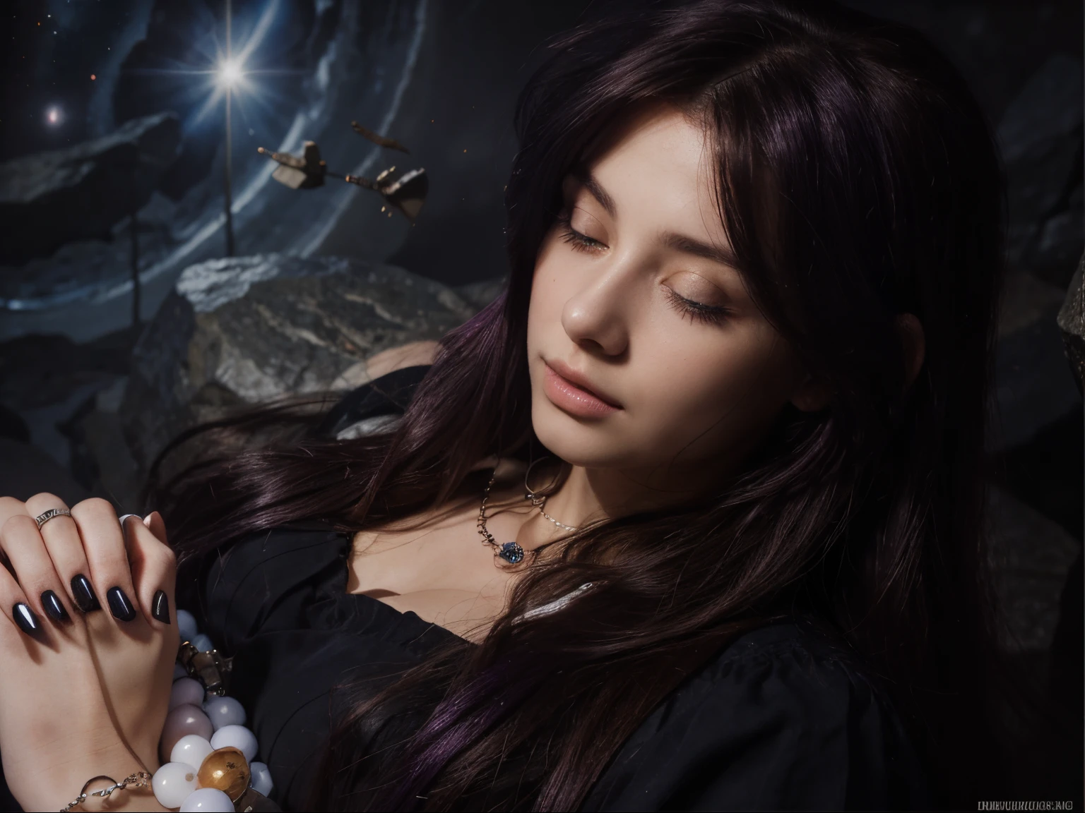 Masterpiece, watercolor: High resolution. Very detailed. realistic. ultra-realistic. Close up of female. Young woman. 1girl. Slightly side view. About 20 years old. German. Delicate facial features. detailed face. Peaceful face. ((Pretty Big closed eyes)). Big eyes. Very light skin. ((Pretty long dark purple hair)). Straight hair. Bangs. black dress. Neckless. Holding a counts rosary. Black nails. Laying down in rocks. Space hyperdimension background. Cinematic light.