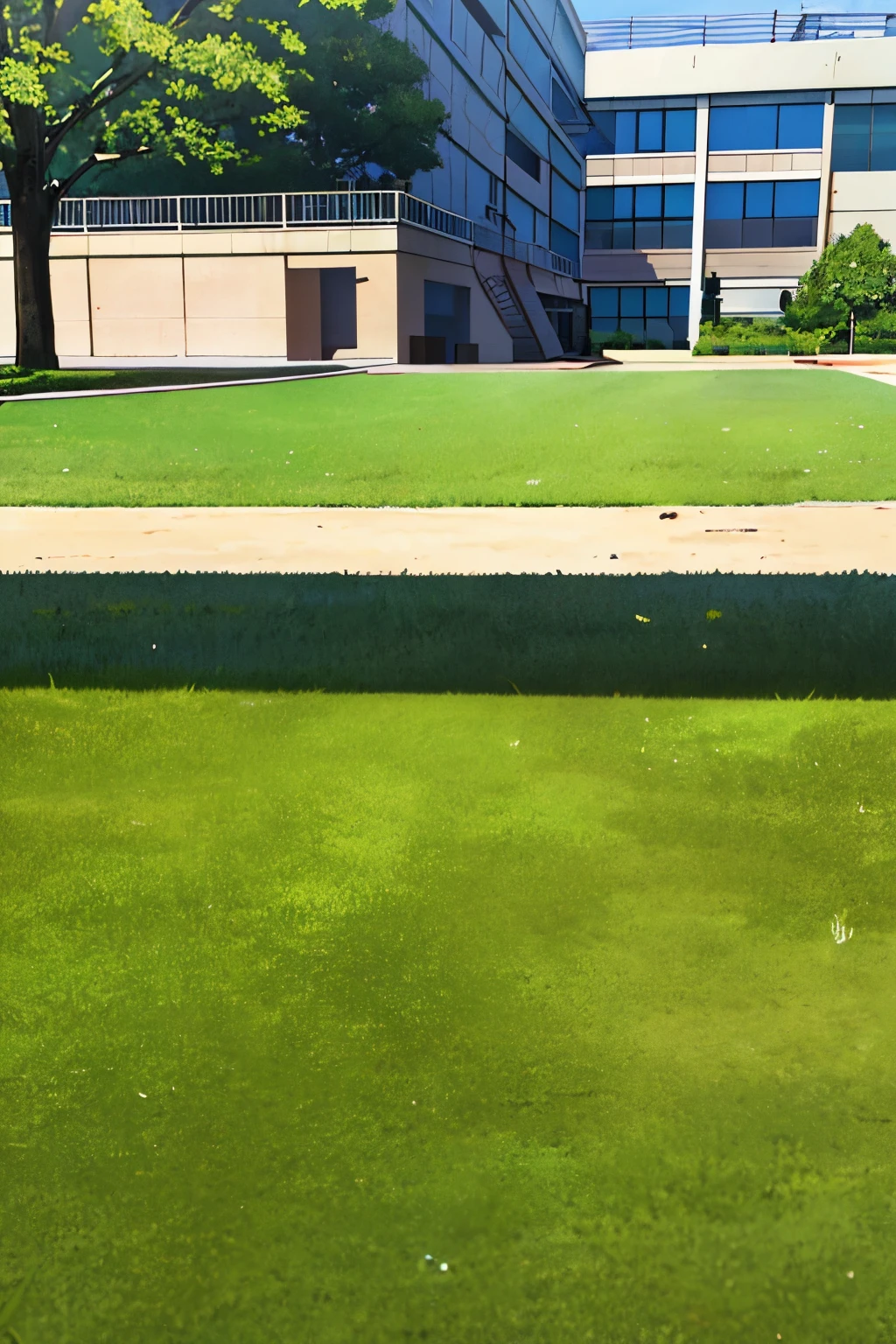 (anime style)、high-level image quality,Empty schoolyard、unmanned、school ground、(Shade)＋＋(Angle from a little below、)Looks like an anime background、Angle close to the ground、Looking at the camera close to the ground、school ground、School yard