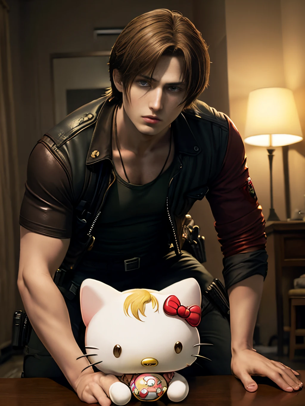 leon kennedy from resident evil holding hello kitty