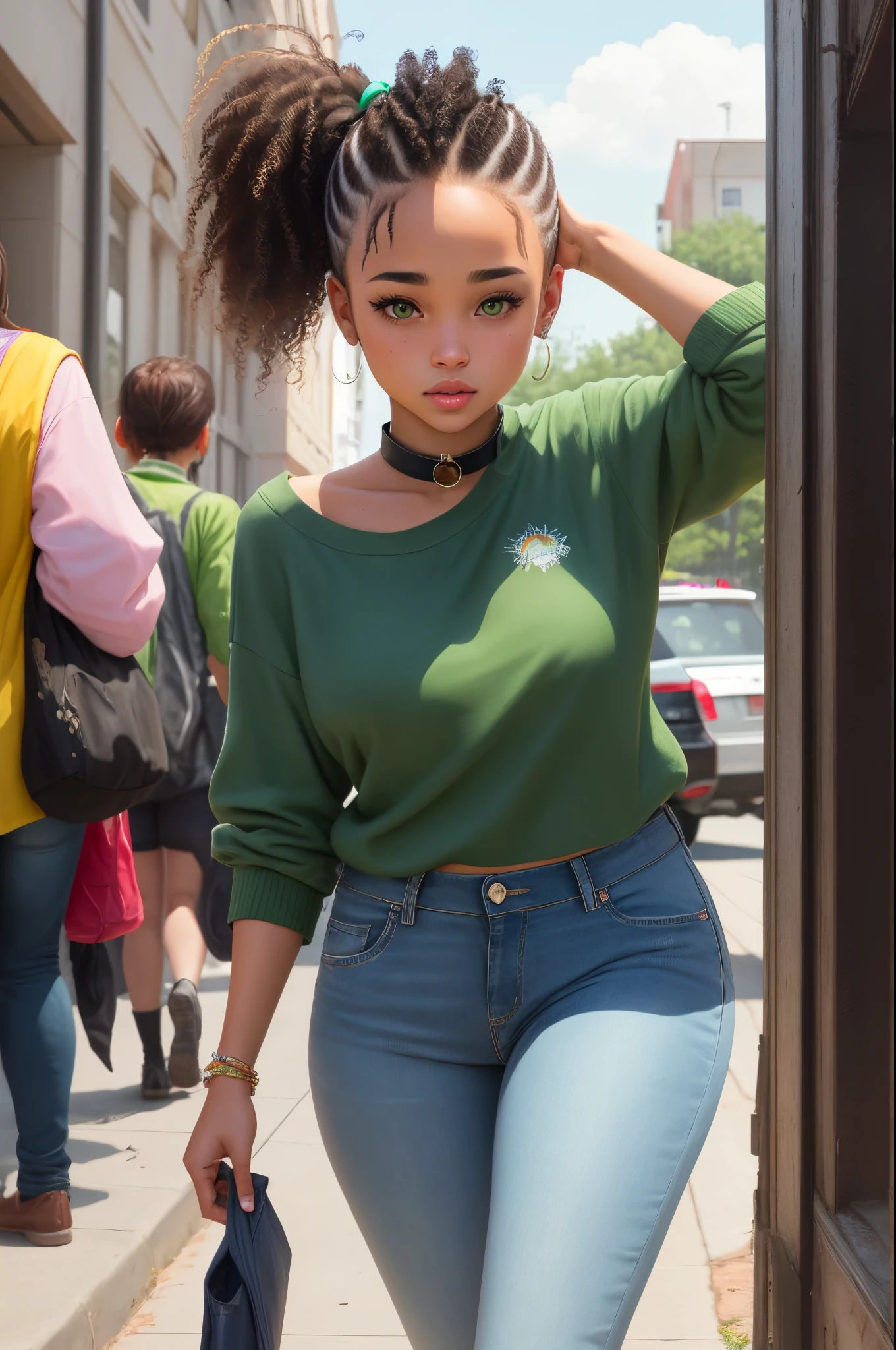 mixed girl with a brown  side ponytail and a side messy bang  with a light green shorr and dark green collar green eyes and  dark blue pants
