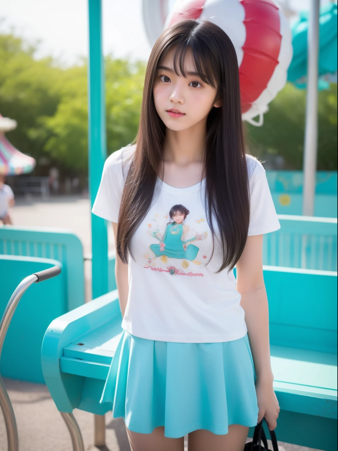 Looks Back,年轻,White skirt,Turquoise T-shirt,s girl,Delicate body,petite body,small tits,tiny chest,A dark-haired,Very Longhair,An amusement park