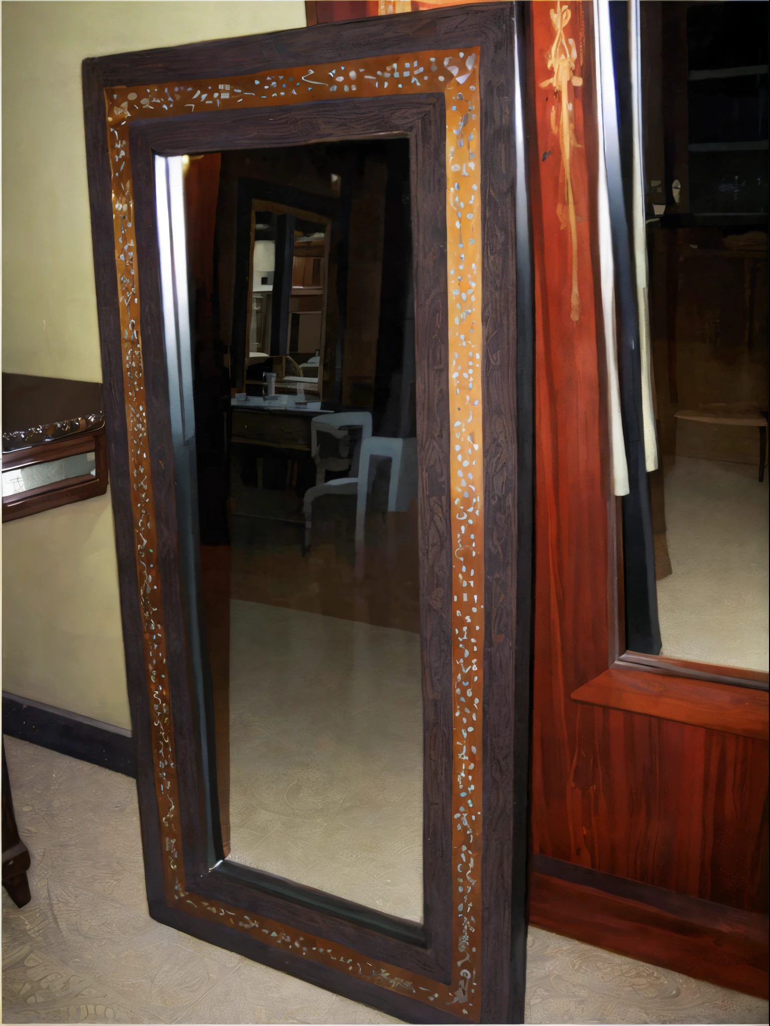 there is a mirror that is sitting on the floor in front of a mirror, mirror and glass surfaces, big mirrors, inlaid with gold rococo, doctors mirror, with a mirror, mirrors, decorated polished wood, mirror texture, tall thin frame, inside mirror, mirror, gold inlay, mirror reflection, ornate with gold trimmings, mirrors everywhere