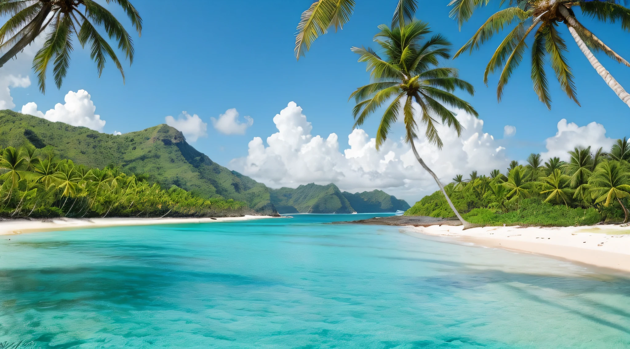 a beautiful ocean of green water, in the background a small island full of coconut trees, paradisiacal