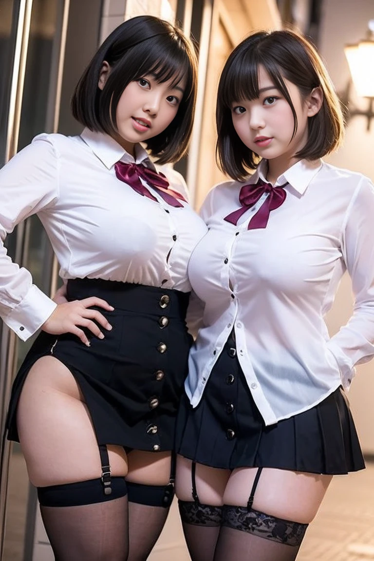 Close-up shot Two cute younger sisters of a plump Japanese high school girl with huge breasts seduce with their huge breasts that are so big that the buttons of their blouses are about to fall off without underwear Stockings Miniskirt Downtown at night Short hair pin clasp