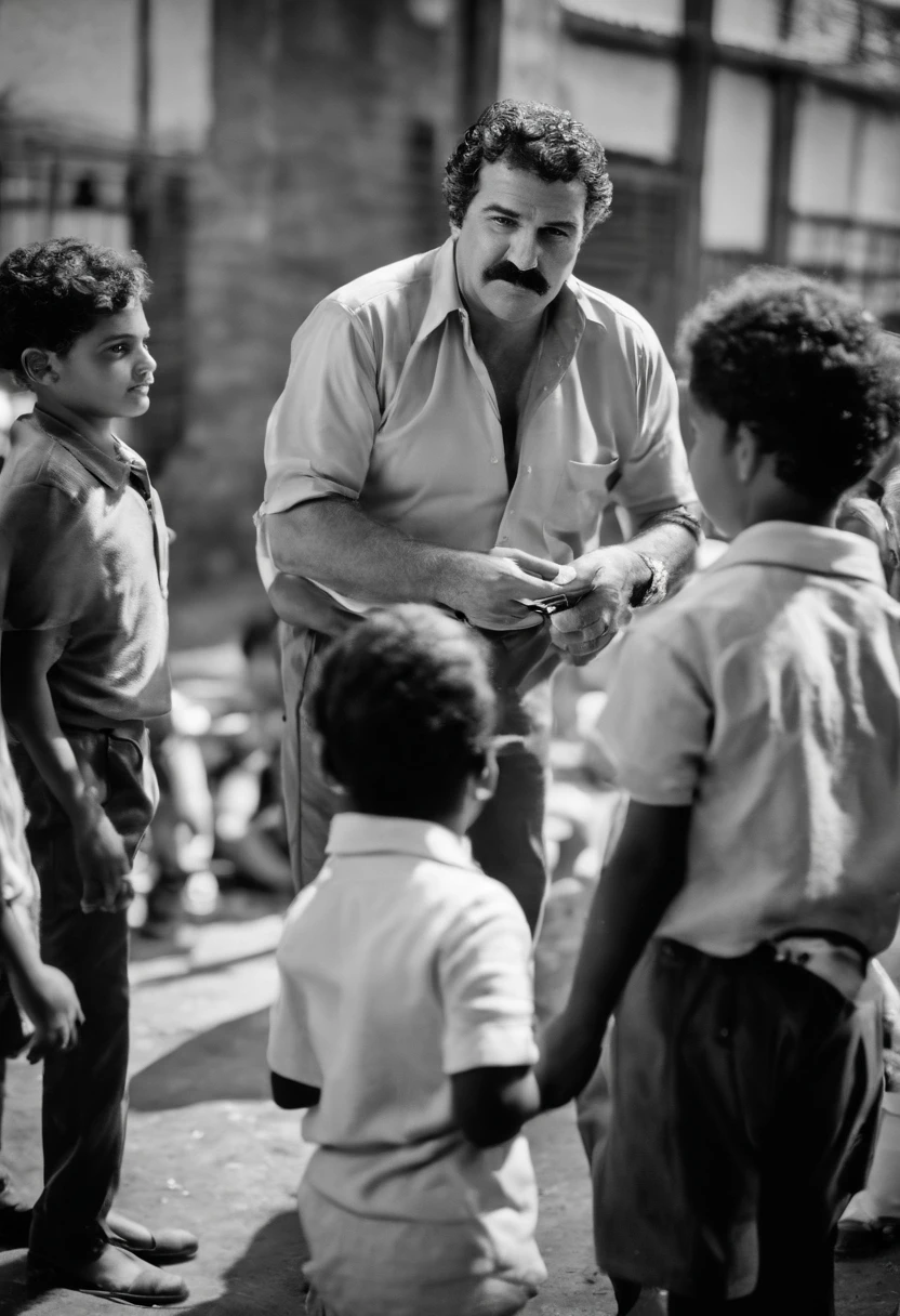 A photo of Escobar handing out school supplies to children at a local school,original,Pablo Escobar, the infamous Colombian drug lord and leader of the Medellín Cartel, was often recognized for his stout build and mustachioed face. He typically dressed in casual attire, favoring simple polo shirts and slacks, which contrasted sharply with his immense wealth and power. His dark, brooding eyes and stern expression often gave him an intimidating presence, a reflection of his formidable status as one of the world’s most notorious criminals.