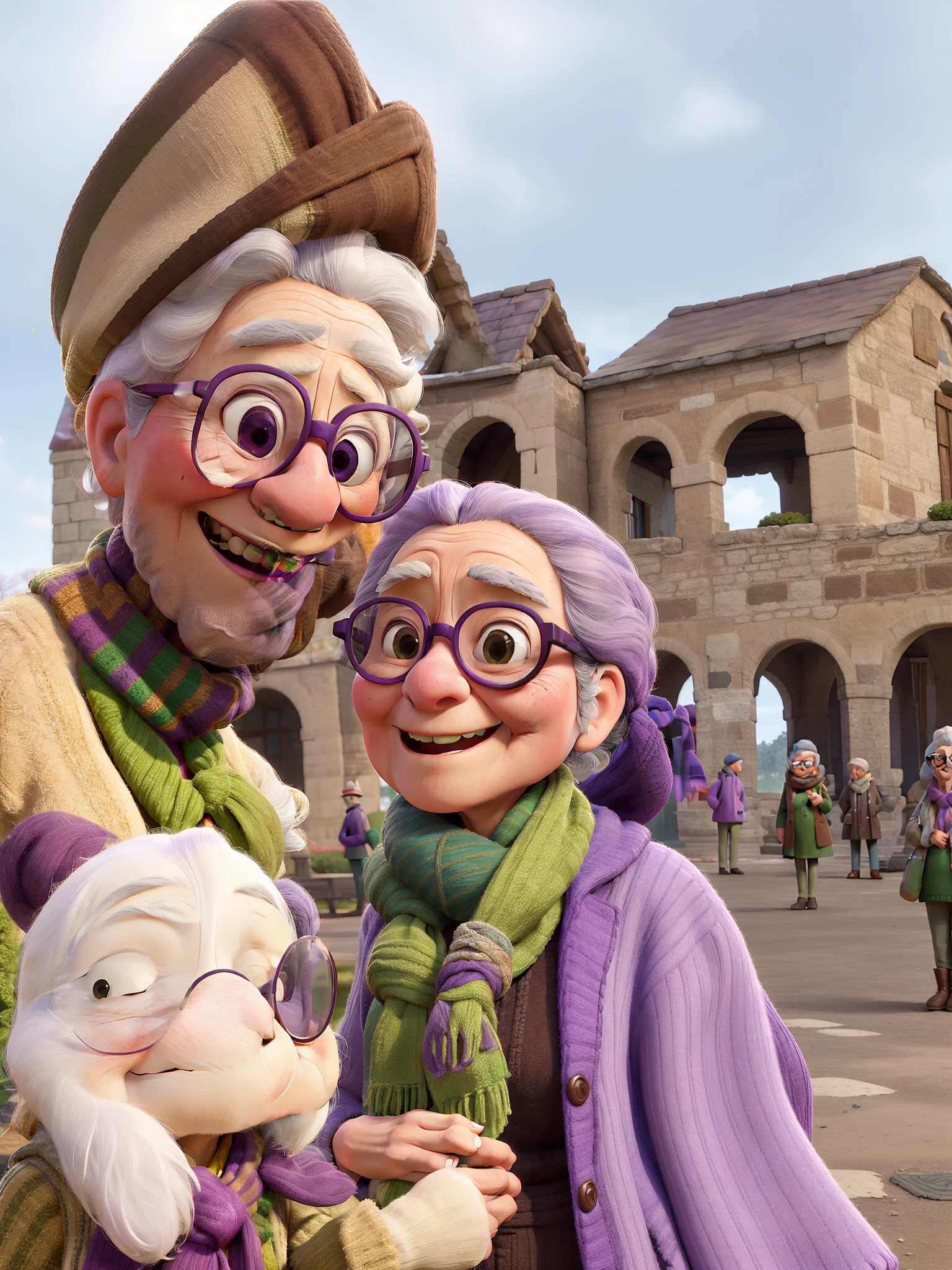 masterpiece, best quality, an old woman with glasses and a scarf on, wearing a purple coat and green scarf, standing at the park