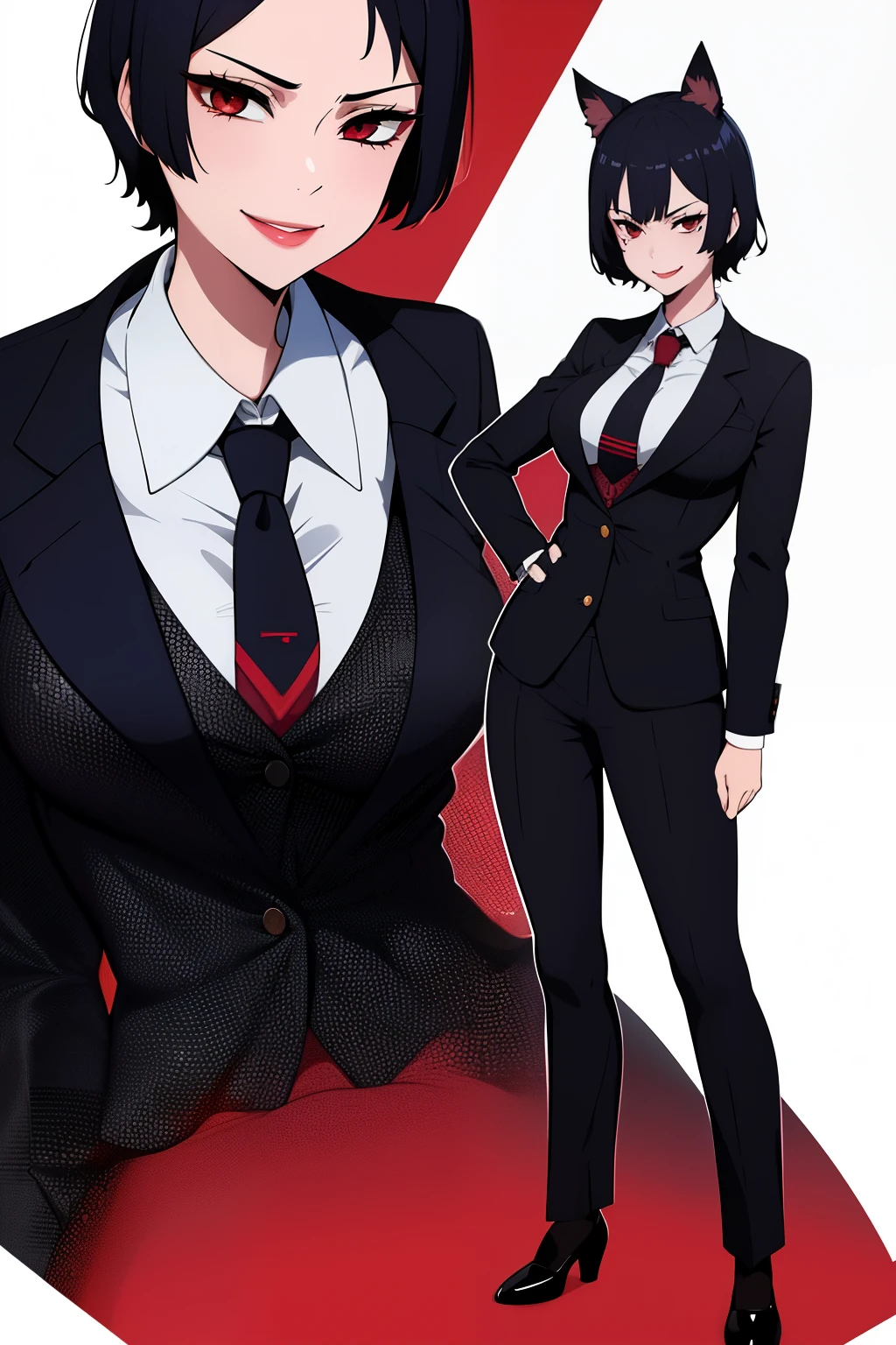 Cute girl, short hair, wearing a formal suit, Tie, big chest, sexy, lipstick, Smiling face, beautiful eyes, black hair, Hair neat and combed, red (X) behind she, Combat stance,X, Cat ears, cat collar, cat tail, cat,meow, full body,