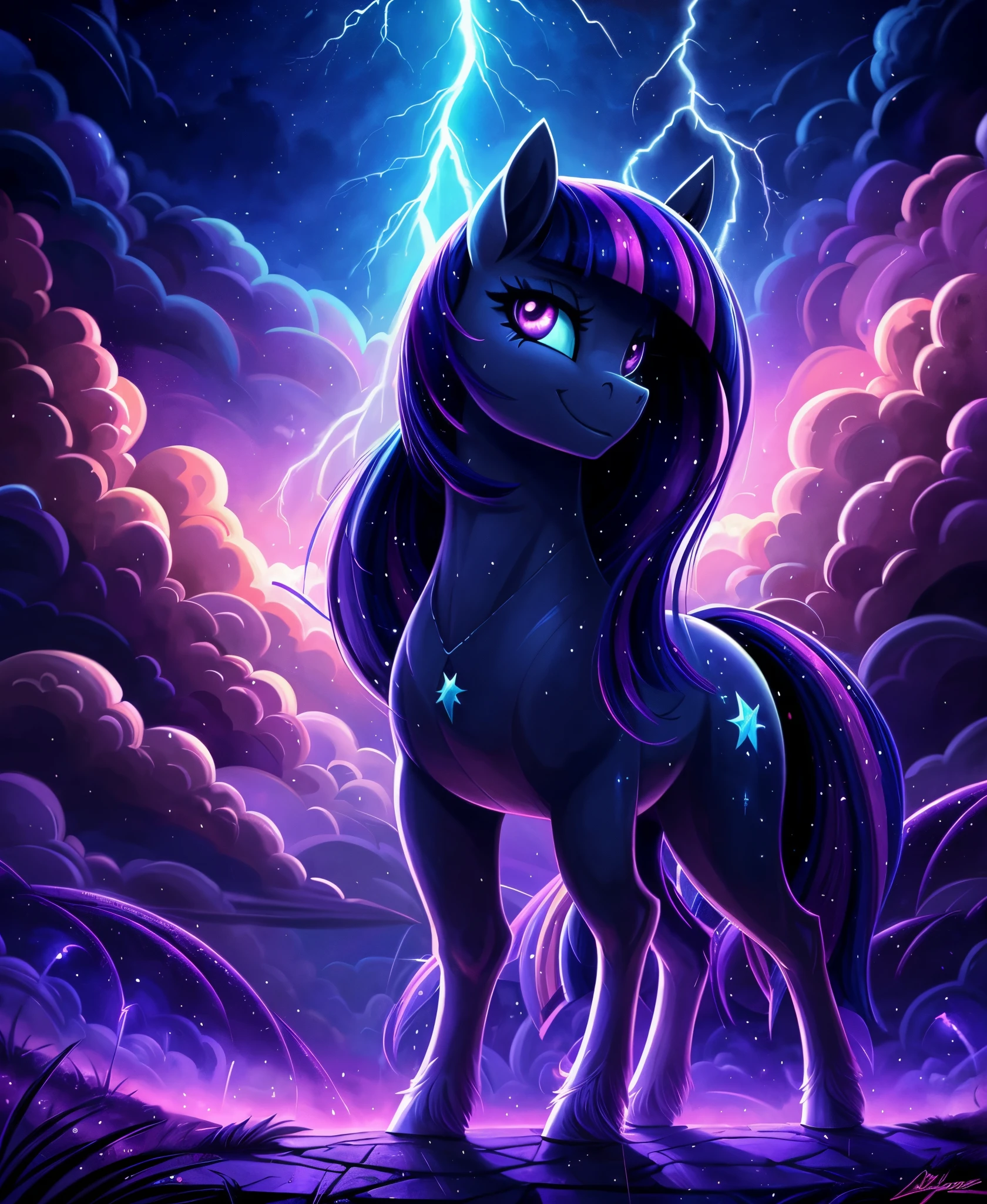 Cartoon pony on purple background standing in rain, Cool twilight, dark glowing rain, mlp fanart, twilight ray, Night storm clouds, Haze and lights, dark art style, High quality wallpaper, background artwork, fractal thunder dan mumford, stunning art style, Twilight Sparkle, equestria, Magnificent background, jen bartel, wallpaper hd, magically glowing