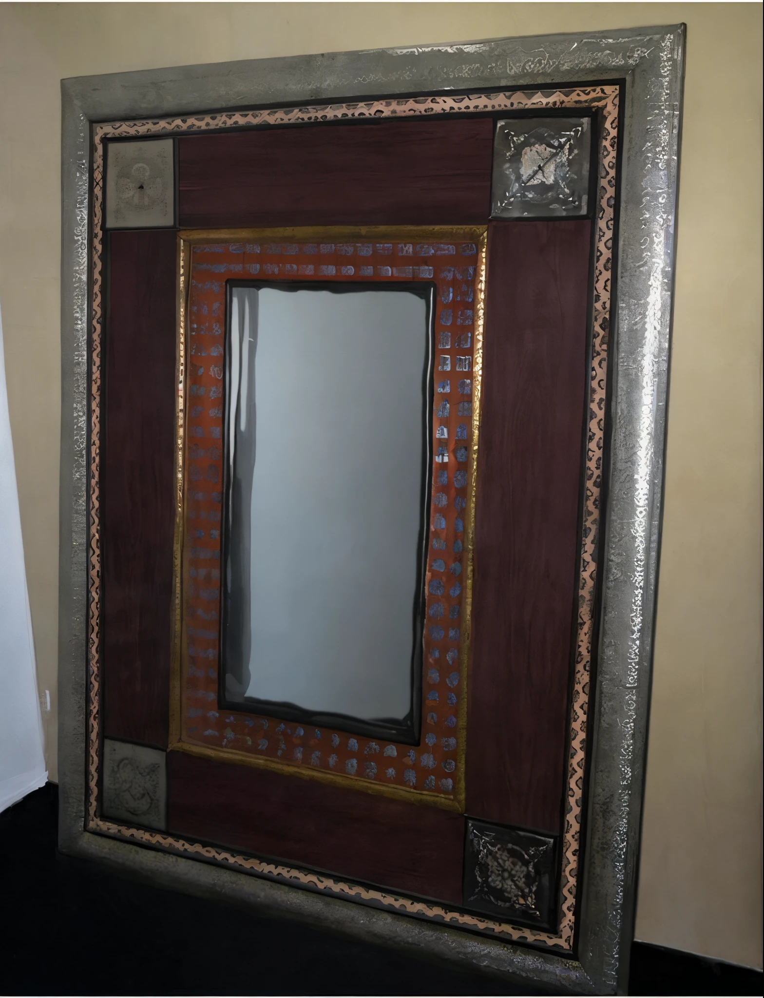 there is a mirror with a picture frame on the wall, mirror and glass surfaces, mirrors, moroccan, metal framed portal, mirror texture, doctors mirror, inside a frame on a tiled wall, with a mirror, iron frame, decorative frame, picture frames, wine-red and grey trim, big mirrors, glass mosaic, mirrored, stunning framing, medium frame