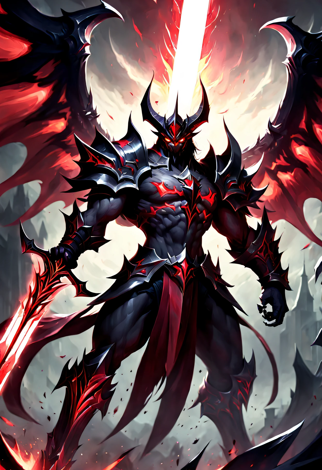 Aatrox，the Darkin Blade，style of league of legends，League of Legends Sword Demon，Demon angel image，have strong arms，Wielding a huge inscribed sword, in dynamic brushstroke style, dark gray and crimson, intel core, gigantic scale, Glow shadows, strict precision
