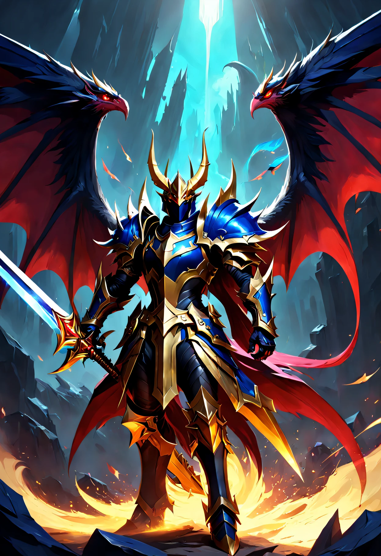 Aatrox，the Darkin Blade，style of league of legends，League of Legends Sword Demon，Demon angel image，have strong arms，Wielding a huge inscribed sword, in dynamic brushstroke style, dark gray and crimson, intel core, gigantic scale, Glow shadows, strict precision