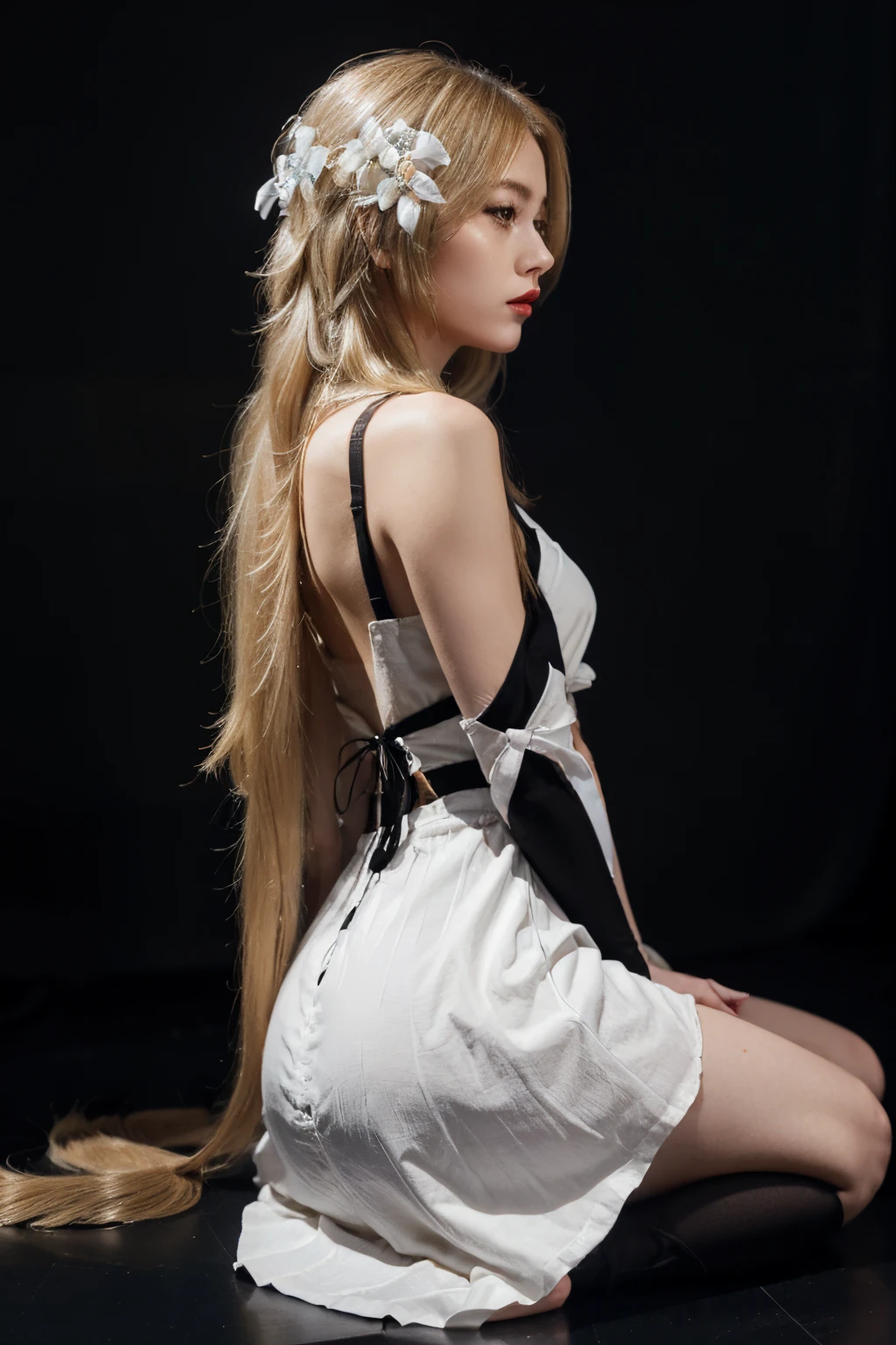 1girl, backless dress, backless outfit, Black background, Black Dress, covered eyes, closed mouth, Dress, Lashes, from side, Long hair, long sleeves, Looking down, profile, red-lips, sitting, 独奏, extra very long hair, Wavy Hair, white colored hair,blonde woman,lumine,Genshin Impact