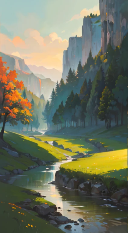 High detail, high quality (1080*1920), digital painting, landscape art illustration, 2D, natural scenery, a river flows from a distance through the meadow, the river (the river is the subject of the picture), green nature,