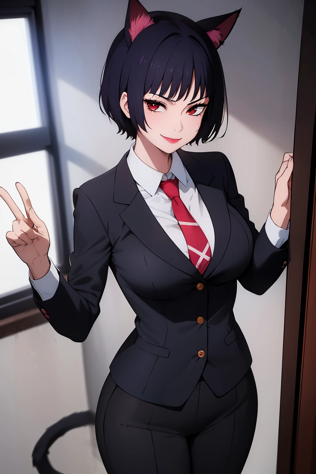 Cute girl, short hair, wearing a formal suit, Tie, big chest, sexy, lipstick, Smiling face, beautiful eyes, black hair, Hair neat and combed, red (X) behind she, Combat stance,X, Cat ears, cat collar, cat tail, cat,meow, full body,