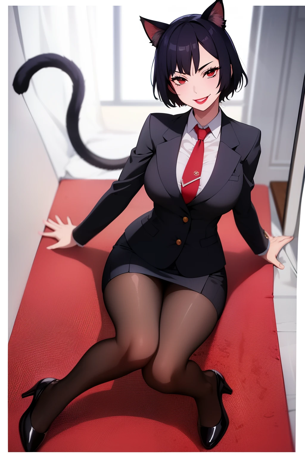 Cute girl, short hair, wearing a formal suit, Tie, big chest, sexy, lipstick, Smiling face, beautiful eyes, black hair, Hair neat and combed, red (X) behind she, Combat stance,X, Cat ears, cat collar, cat tail, cat,meow, full body,