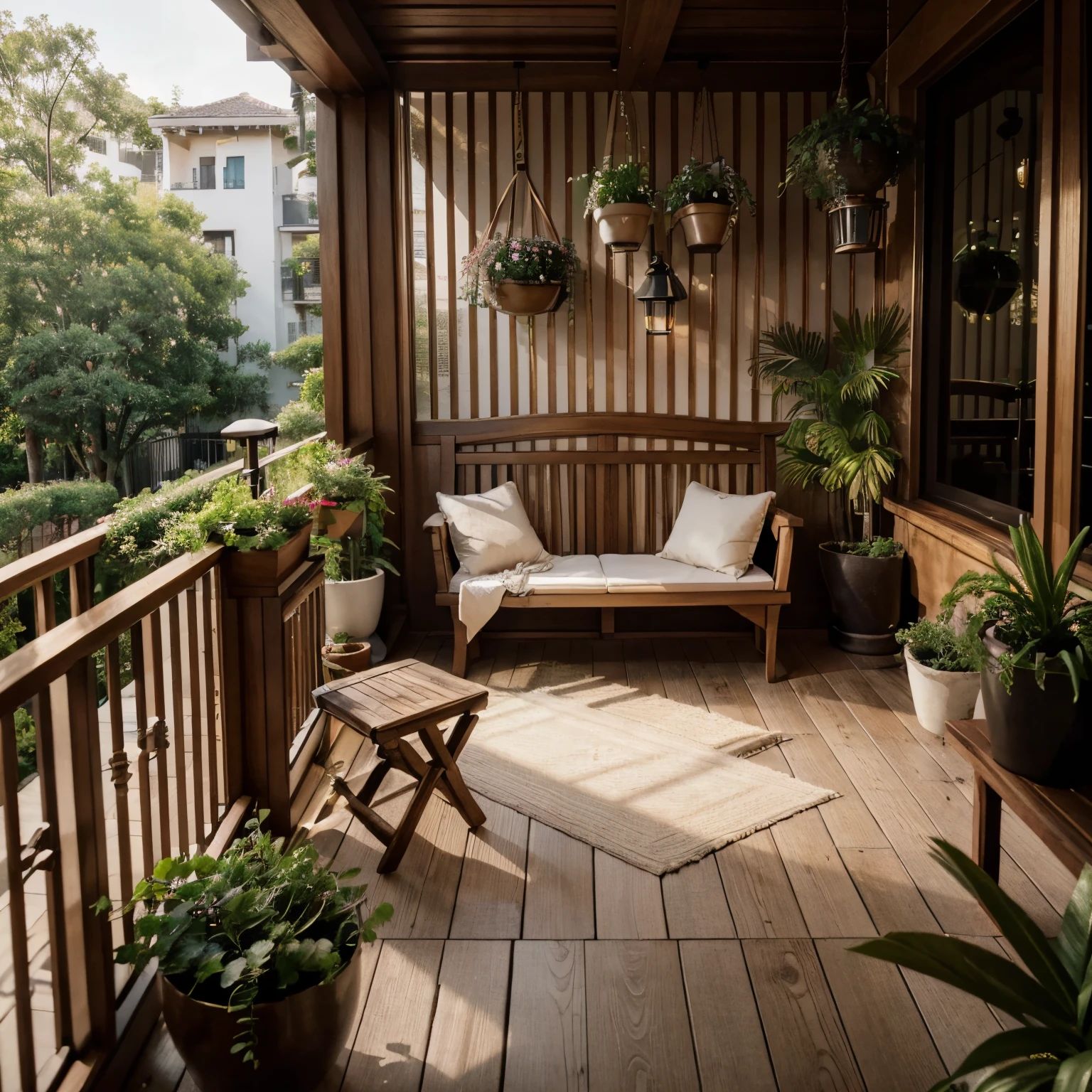 (best quality,highres:1.2),ultra-detailed,realistic,photorealistic:1.37,impressive view of a balcony,long and narrow balcony,wooden balcony floor,abundance of flowering plants,abundance of plants,potted plants,wooden furniture,romantic atmosphere and style,balanced lighting,detailed depiction of balcony details,colorful and vibrant floral arrangements,cozy seating area for two,glimpse of the surrounding cityscape,serene and peaceful ambiance,thoughtful attention to the smallest details,harmonious blending of natural and man-made elements,subtle play of light and shadow,perfectly manicured greenery,exquisite and intricate balcony railings,inviting and warm wooden textures