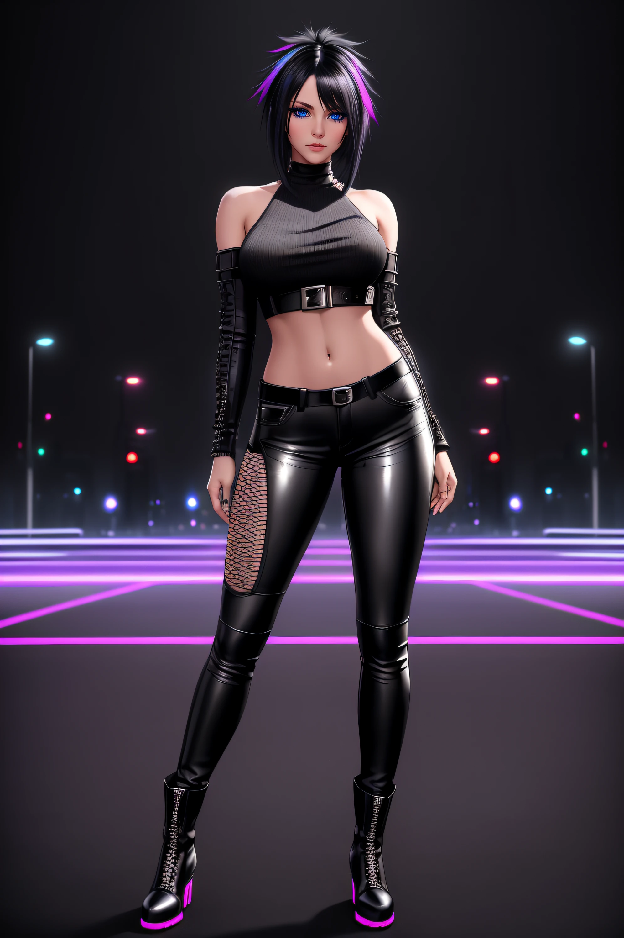 beautiful girl, ((standing:1.4)), (confident gaze:1.1), full body, short bright neon streaked black hair, ((realistic highly detailed eyes:1.4)), ((seductive pose:1.2)), black eyeshadow, (street style wear:1.2), ((tight fitted pants)), ((knee high leather boots)), (dark city night black background:1.4), dark makeup, digital art, trending on artstation, highly detailed, fine detail, intricate, detailed facial features, sharp focus, smooth, aesthetic,